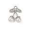 Brass Micro Pave Clear Cubic Zirconia Pendants, Cherry, with Plastic Pearl, Long-Lasting Plated, Cadmium Free & Lead Free, Rack Plating, Platinum, 19.5x14x6mm, Hole: 2mm