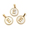 PVD Vacuum Plating 304 Stainless Steel with White Shell Pendants, Golden, Flat Round with Letter Charm, Letter.E, 18x16x1.5mm, Hole: 3x6mm