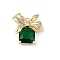 Christmas Theme Brass Rhinestone Pendants, Box with Bowknot, Golden, Emerald, 20.5x17.5x7mm, Hole: 1.5mm