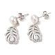 Cubic Zirconia Feather with Natural Pearl Dangle Stud Earrings EJEW-F318-14P-3