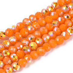 Hilos de cuentas redondas de vidrio opaco chapadas en color AB, facetados, naranja, 4.5x3.5mm, agujero: 0.7~1 mm, aproximamente 108~116 pcs / cadena, 14.76~16.73'' (37.5~42.5 cm)