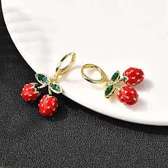 Pendientes colgantes de fresa con esmalte de latón&nbsp;EJEW-L305-04G