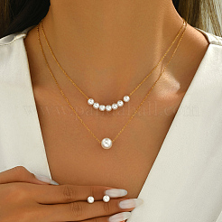 Set di collane e orecchini a bottone a doppio strato in acciaio inossidabile 201 con perle finte rotonde per donna&nbsp;FS8712