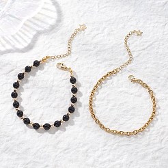 Pulseras de cuentas redondas de obsidiana natural y hematita sintética de 2 estilos y cadenas de cable de acero inoxidable 304 para mujer.&nbsp;BJEW-JB12800-02