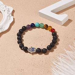 Pulsera elástica de piedras preciosas mixtas naturales y sintéticas con mano de hamsa de aleación&nbsp;BJEW-TA00153