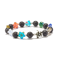 Bracciale elasticizzato in pietra lavica naturale e perle di vetro millefiori&nbsp;BJEW-JB07489