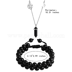 Collana con ciondolo proiettile in ossidiana naturale e braccialetto di perline intrecciate tonde&nbsp;AJEW-SZ00002-29