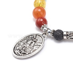 Bracelet extensible en pierre de lave naturelle et pierres mélangées avec breloque ovale en alliage&nbsp;BJEW-JB08733-01