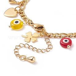 Bracciale con ciondoli a forma di cuore di malocchio e trifoglio in ottone con catene in acciaio inossidabile da donna&nbsp;BJEW-TA00141