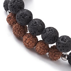 Braccialetto elasticizzato con perline rotonde in legno e pietra lavica naturale&nbsp;BJEW-JB10075-03