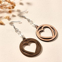 Orecchini pendenti a forma di cuore cavo in legno in acciaio inossidabile 304&nbsp;EJEW-M074-03P