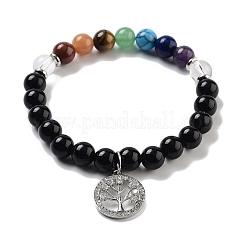 Pulseras elásticas de chakra con cuentas redondas de obsidiana natural&nbsp;BJEW-K251-01F