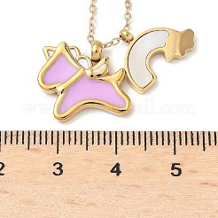 Halsketten mit Anhänger aus 304 Edelstahl mit rosa Emaille und natürlicher weißer Muschel und Einhorn-Regenbogenanhänger für Damen&nbsp;NJEW-M101-02G