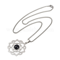 Collana con ciondolo a forma di fiore di loto chakra 201 in acciaio inossidabile con pavé di pietra blu sintetica per donna&nbsp;NJEW-K283-26P