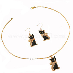 Katzenförmige Halsketten mit Emaille-Anhänger und Ohrhänger aus Zinklegierung&nbsp;FS-WG2319B-01