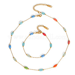 Edelstahl-Glas-Rechteck-Gliederketten-Armbänder und Halsketten-Sets für Damen&nbsp;HD8734-1