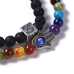 Deux boucles pierre de lave naturelle et perles de pierre mélangées naturelles / synthétiques bracelets extensibles de chaîne&nbsp;BJEW-JB04223-01