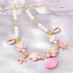 Colgante redondo de latón esmaltado con forma de estrella de mar y perlas de imitación de ABS.&nbsp;KK-CBA4547-04C-G