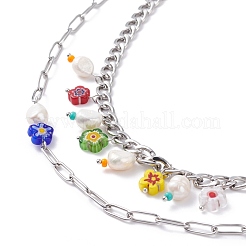 Conjunto de collares con abalorios de vidrio y moneda de flor de millefiori y perlas naturales para niñas y mujeres&nbsp;X1-NJEW-TA00014