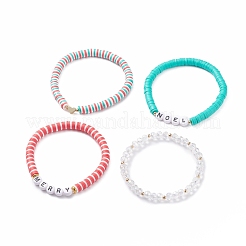 4 Stück 4 Stil handgefertigte Heishi Sunfer Stretch-Armbänder aus Polymer-Ton mit Messingherzen&nbsp;BJEW-TA00093