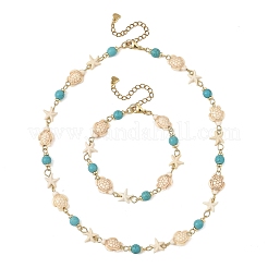 Ensembles collier et bracelet en perles de turquoise synthétique avec étoiles de mer et tortues&nbsp;SJEW-JS01385-01