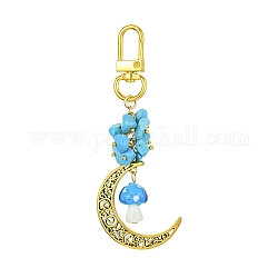 Décoration pendentif en alliage de lune creuse, avec des perles de copeaux de pierres précieuses et des perles de lampadaire faites à la main aux champignons, fermoirs pivotants en alliage, 95mm