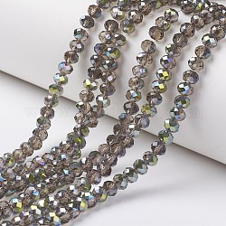 Placcare trasparente perle di vetro fili, placcato in mezzo verde, sfaccettato, rondelle, argento, 6x5mm, Foro: 1 mm, circa 92~94pcs/filo, 17~17.5 pollice (42.5~43.75 cm)