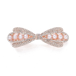 Barrettes à cheveux en alliage de cristal avec strass, avec des perles d'imitation de perles, bowknot, or rose, 25.5x78.5x22.5mm