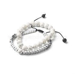 Natural Howlite Stretch Bracelets Set for Girl Women, Arrows Non-magnetic Synthetic Hematite Braided Bead Bracelets, Natural Lava Rock Beads Bracelets, Inner Diameter: 2-3/8~3-5/8 inch(6~9.2cm), 2pcs/sert