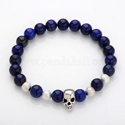 Skull design unique bracelets de pierres précieuses perles extensibles, avec perles d'alliage et perles de laiton texturées, lapis lazuli (teint), 53mm