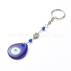 Porte-clés mauvais œil fait à la main, avec fer et 304 fermoir à clé en acier inoxydable et perles en alliage de style tibétain, larme, bleu, 13.7 cm