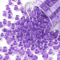 6/0 Perlas de semillas de vidrio, colores dentro transparentes, agujero redondo, redondo, Violeta Azul, 6/0, 4~5x2.5~4.5mm, agujero: 1.2 mm, aproximamente 1000 unidades / 100 g