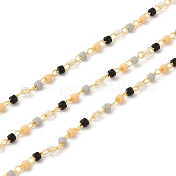 Chaînes de perles de colonne de verre, avec chaîne forçat en laiton doré plaqué crémaillère, soudé, avec avec du papier cartonné, noir, perles: 1.7x1.3 mm, anneau: 2x1.6x0.7 mm