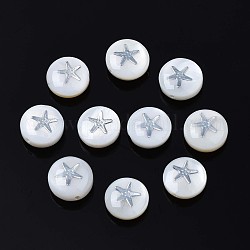 Perles de coquillages naturels d'eau douce, avec des ornements en laiton, plat et circulaire avec étoile, platine, 8x4~5mm, Trou: 0.6mm