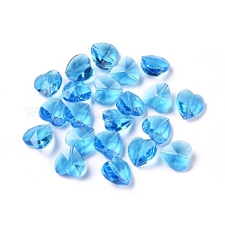 Abalorios de vidrio transparentes, facetados, corazón, azul dodger, 14x14x8~9mm, agujero: 1~1.2 mm