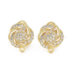 Hollow Flower Brass Micro Pave Cubic Zirconia Stud Earrings Finding, with Horizontal Loops, Cadmium Free & Lead Free, Real 18K Gold Plated, 17.5x15mm, Hole: 1.5mm, Pin: 0.8mm