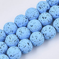 Brins de perles de pierre de lave naturelle peintes à la bombe, ronde, lumière bleu ciel, 8~9mm, Trou: 0.7mm, Environ 47~48 pcs/chapelet, 15.75 pouce (40 cm)