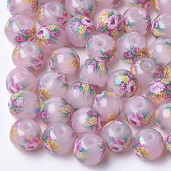 Perlas de vidrio de jade imitación impresas y pintadas con spray, redondo con estampado de flores, colorido, 8~8.5x7.5mm, agujero: 1.4 mm