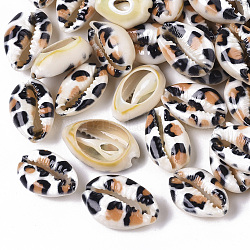 Perles de coquillage cauri naturelles imprimées, pas de trous / non percés, avec motif imprimé léopard, Pérou, 18~21x12~15x7mm