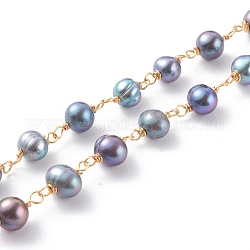 Catene di perline di perle d'acqua dolce coltivate a mano, con filo di rame, saldato, vero placcato oro 18k, 6~10x7~9x4~7mm, 39.37 pollice (1 m)/filo
