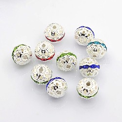 Perles en laiton de strass, Grade a, couleur argentée, ronde, couleur mixte, 10mm, Trou: 1.2mm