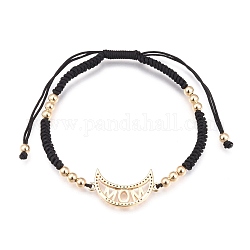 Mother's Day Gifts, Adjustable Nylon Cord Braided Bead Bracelets, with Brass Micro Pave Cubic Zirconia Links and Brass Round Beads, Moon with Word MOM, Golden, Black, Inner Diameter: 2-1/4~3-3/4 inch(5.7~9.5cm)