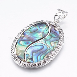Abalone Shell/Paua Shell Pendants, with Brass Findings, Oval, Platinum, 44x30.5x3mm, Hole: 4x6mm