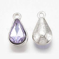 Alloy Glass Pendants, Faceted, teardrop, Platinum, Lavender, 18x10x5mm, Hole: 2mm