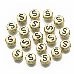Plating Acrylic Beads, Horizontal Hole, Flat Round with Letter, Golden Plated, Black, Letter.S, 7x4mm, Hole: 1.2mm, about 3600pcs/500g.