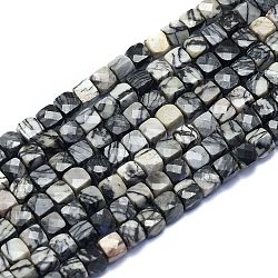 Natürliche schwarze Seide Stein / Netstone Perlen Stränge, Würfel, facettiert, 6~6.5x6~6.5x6~6.5 mm, Bohrung: 1 mm, ca. 58 Stk. / Strang, 15.55 Zoll (39.5 cm)