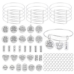 SUNNYCLUE DIY Word Theme Bangle Making Kits, with Alloy Pendants, Adjustable Brass Bangle Makings, Antique Silver, 2-3/4 inch(70mm), 2mm, 12pcs/set