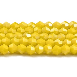 Непрозрачные однотонные гальванические стеклянные бусины, с покрытием AB цвета, граненые, двухконусные, желтые, 4x4 мм, отверстие : 0.8 мм, около 87~98 шт / нитка, 12.76~14.61 дюйм (32.4~37.1 см)