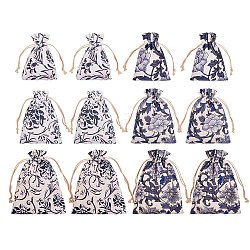 Burlap Pouches, Polyester Drawstring Bags, Flower Pattern, Blue, 13.8~22.7x10~17.4cm, 12pcs/set
