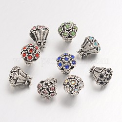 Strauß-Legierung Glas Strass europäischen Perlen, großes Loch Blumen Perlen, Antik Silber Farbe, Mischfarbe, 12x10 mm, Bohrung: 4.5 mm